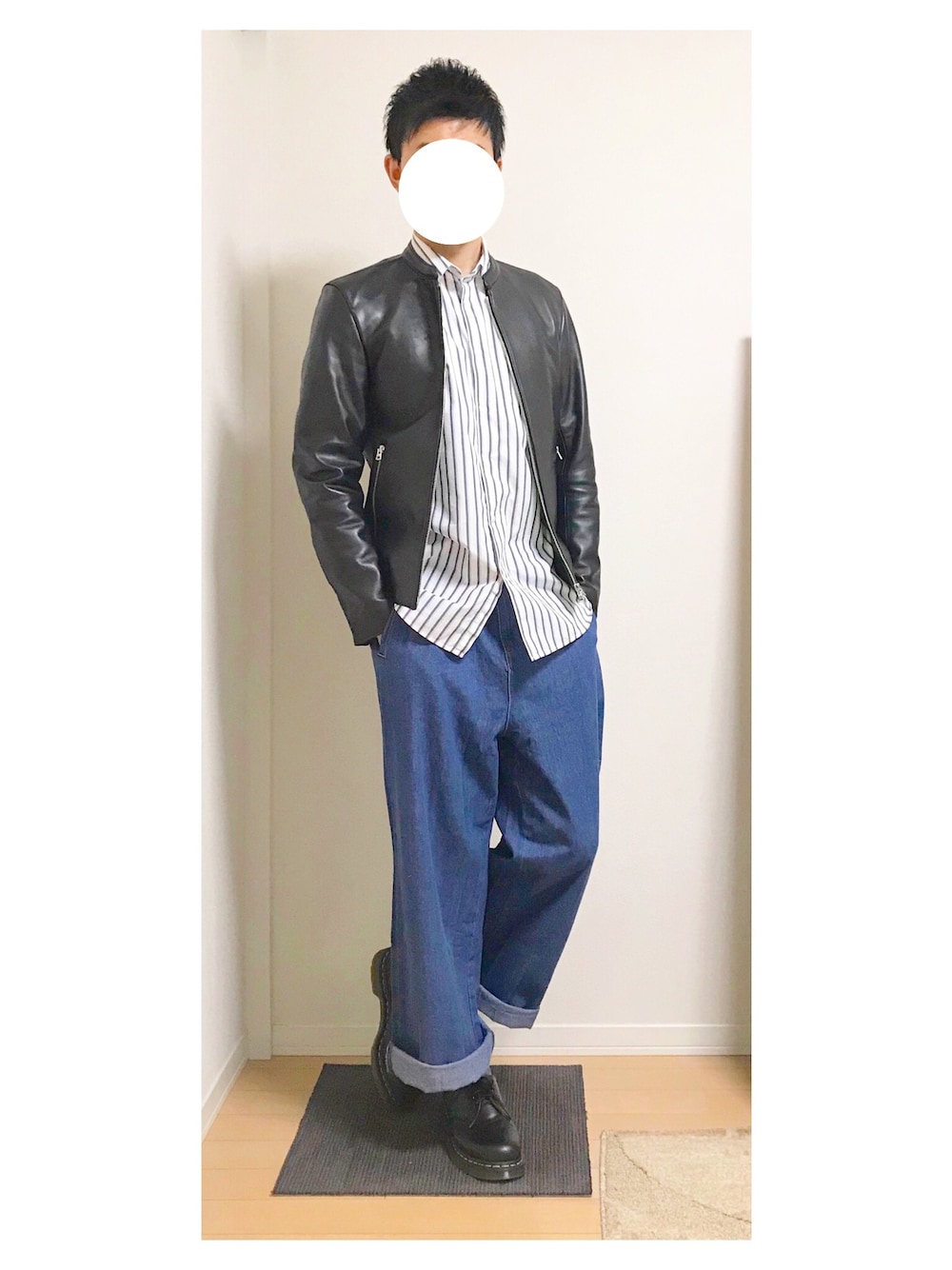 「ootd、LIDnM、URBAN RESEARCH DOORS、Dr.Martens、休日スタイル、ライダース、ストライプシャツ、デニムワイドパンツ」｜「LIDNMのLIDnM/リドム/ラムレザーシングルライダース（ライダースジャケット、ブラック系）」を使った、hiro_wearさん（メンズ・178cm）の春コーディネートの1枚目の写真