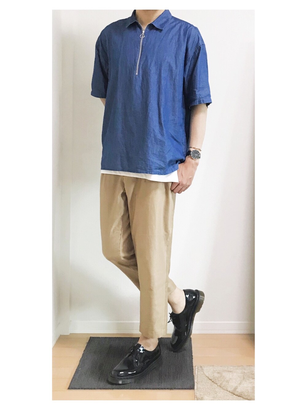 「休日スタイル、ハーフジップ、おしゃれさんと繋がりたい、いいね、save、フォローお願いします🤑、ootd、RAGEBLUE、LIDnM、Dr.Martens、Daniel Wellington」｜「RAGEBLUEのハーフZIPシャツ/796614（シャツ/ブラウス、ブルー系）」を使った、hiro_wearさん（メンズ・178cm）の夏コーディネートの1枚目の写真