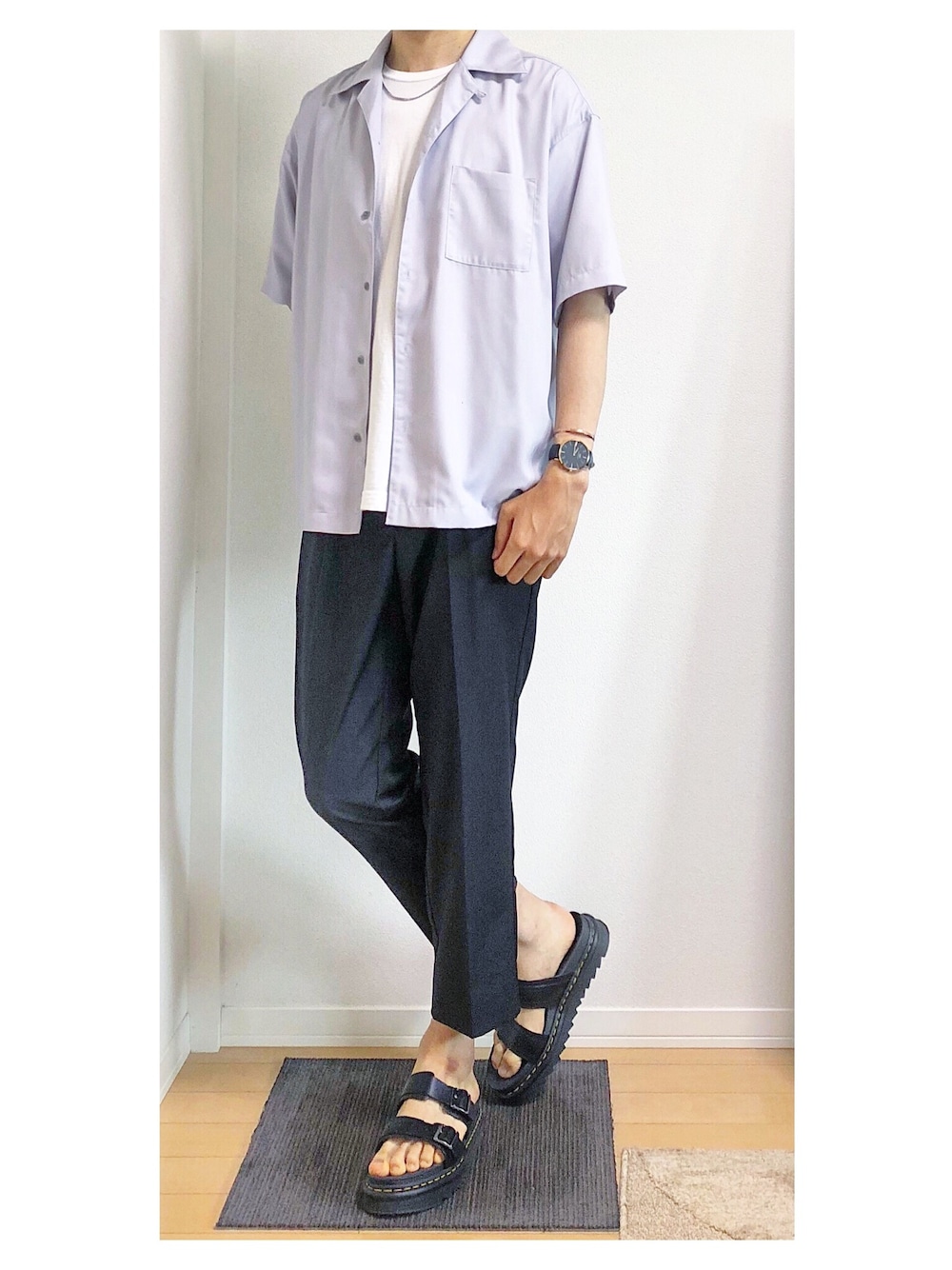 「シンプルコーデ、おしゃれさんと繋がりたい、夏、スラックス、いいね、save、フォローお願いします🤑、LIDnM、SHIPS、HARE、Dr.Martens、Daniel Wellington」｜「LIDNMのマイクロスパンオープンカラーシャツ（シャツ/ブラウス、パープル系）」を使った、hiro_wearさん（メンズ・178cm）の夏コーディネートの1枚目の写真