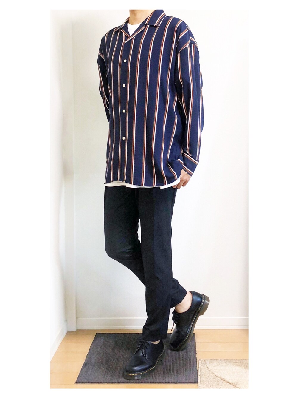 「ootd、秋服準備はじめました、休日スタイル、スラックス、オープンカラーシャツ、お洒落さんとつながりたい」｜「CASPER JOHNのCASPER  JOHN　ビックストライプSH（シャツ/ブラウス、ブルー系）」を使った、hiro_wearさん（メンズ・178cm）の秋コーディネートの1枚目の写真
