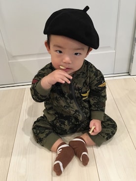 「アイテム（ロンパース、グリーン系）」を使った、aik♡mama♛さん（キッズ・80cm）の冬コーディネート