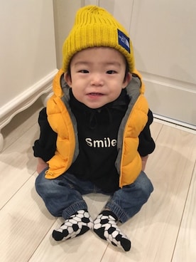 「サッカー」｜「アイテム（ニットキャップ/ビーニー）」を使った、aik♡mama♛さん（キッズ・80cm）の冬コーディネート