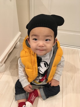 「ミッキー」｜「アイテム（ダウンベスト）」を使った、aik♡mama♛さん（キッズ・80cm）の冬コーディネート