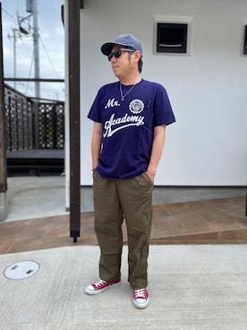 「MANUAL ALPHABET（マニュアル アルファベット）のアイテム（パンツ）」を使った、だっちんさん（メンズ・173cm）の夏コーディネート