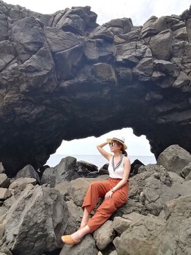 「アイテム（チノパンツ、オレンジ系）」を使った、cianさん（レディース・163cm）の夏コーディネート