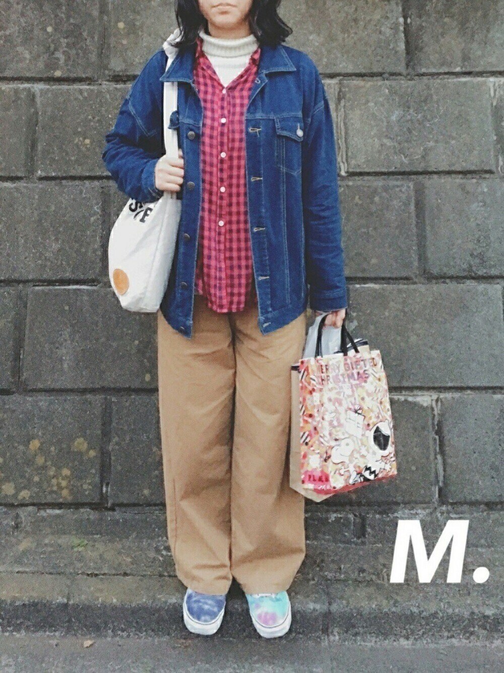 ベージュ系のその他パンツ、ブルー系のスニーカーを着用したレディースの冬コーディネートの1枚目の写真