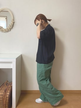 「GU（ジーユー）のアイテム（トップス、ブラック系）」を使った、𝕂𝕒𝕋（きゃっと）さん（レディース・150cm）の夏コーディネート