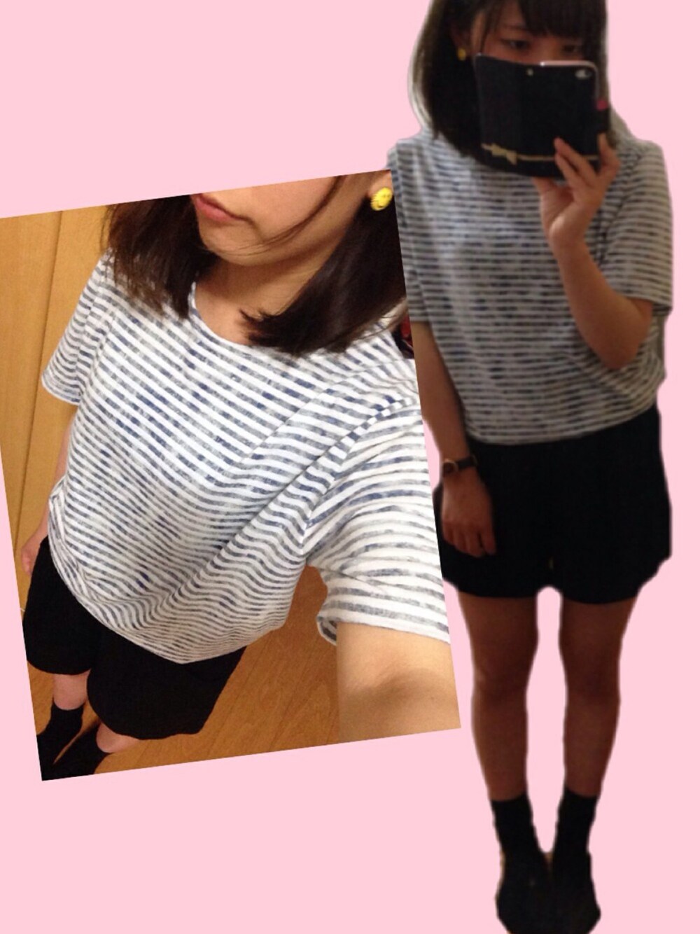 「ボーダー、ユニセックス、ニコちゃん、オフ会」｜「DOBERMANN PINSCHERのアイテム（Tシャツ/カットソー、ブルー系）」を使った、おなかがたれぱんだ⊿さん（レディース・150cm）の夏コーディネートの1枚目の写真