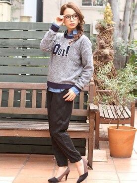 「ダンガリーシャツ」｜「アイテム（スラックス）」を使った、フェリーニさん（レディース・156cm）の冬コーディネート