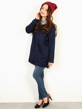 「アイテム（ニットキャップ/ビーニー、レッド系）」を使った、フェリーニさん（レディース・156cm）の冬コーディネート