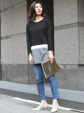 「アイテム（チュニック）」を使った、フェリーニさん（レディース・172cm）の春コーディネート