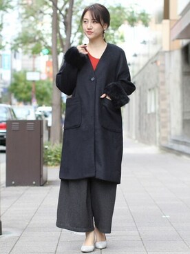 「ファー」｜「アイテム（ノーカラーコート）」を使った、フェリーニさん（レディース・162cm）の秋コーディネート