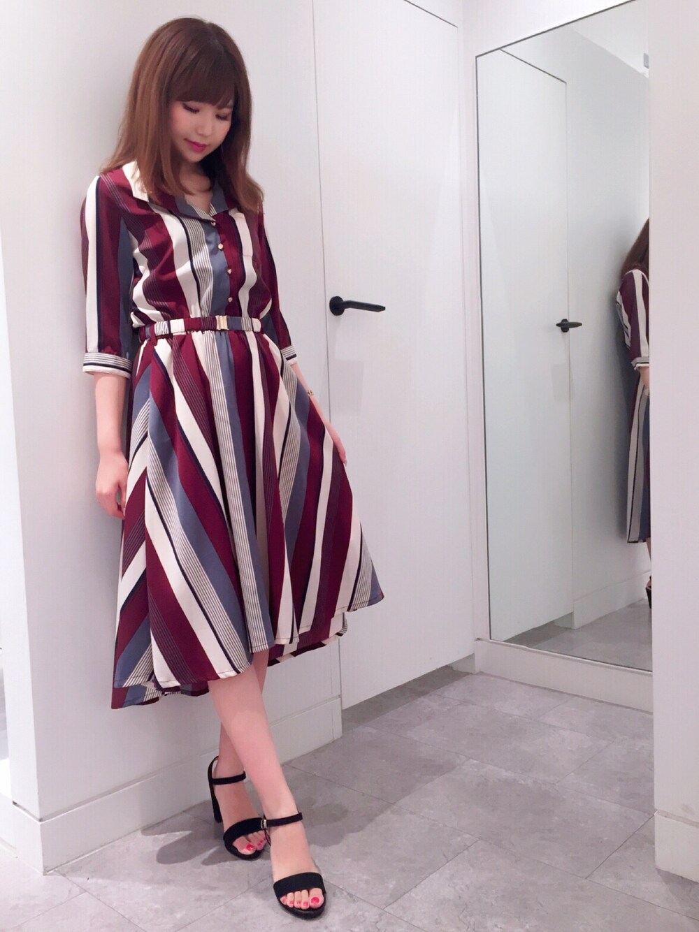 「秋のコーデ、outfit、レトロ、シャツワンピ、ストライプ、レディアゼル、RedyAzel、BSTR、きれいめカジュアル」｜「REDYAZELのアイテム（ワンピース、その他）」を使った、miri♡さん（レディース・160cm）の秋コーディネートの1枚目の写真