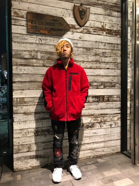 「red」｜「アイテム（ニットキャップ/ビーニー）」を使った、Hinata  Itoさん（メンズ・155cm）の冬コーディネート