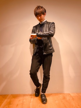 「ケーブルニット」｜「アイテム（ライダースジャケット）」を使った、だいちゃんさん（メンズ・173cm）の冬コーディネート