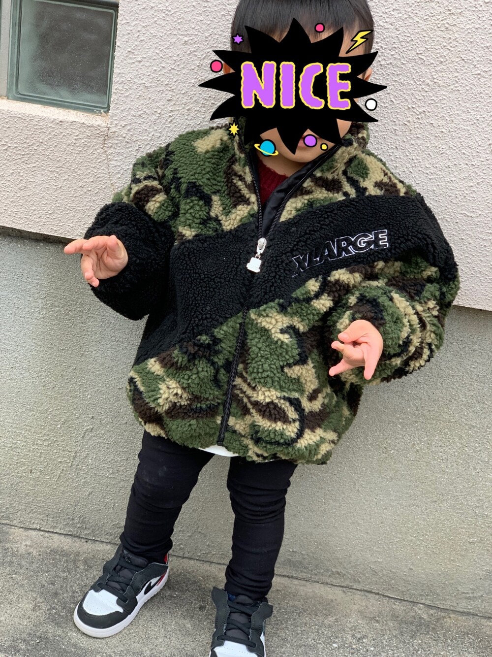 「えっくすらーじ、ボアブルゾン、オーバーサイズ、エアージョーダン、男の子コーデ」｜「MINI BY XLARGEのアイテム（ブルゾン、グリーン系）」を使った、あんころさん（キッズ・100cm）の冬コーディネートの1枚目の写真