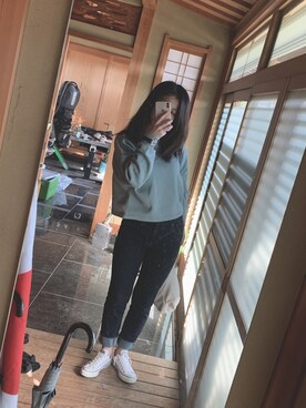 「GU（ジーユー）のアイテム（パーカー、ブルー系）」を使った、はーさん（レディース・163cm）の秋コーディネート