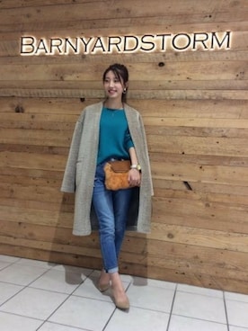 「ボートネック」｜「アイテム（ムートンコート）」を使った、BARNYARDSTORM本部さん（レディース・159cm）の秋コーディネート