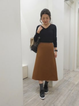 「Aラインスカート」｜「アイテム（バックパック/リュック）」を使った、BARNYARDSTORM本部さん（レディース・158cm）の冬コーディネート