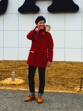 「アイテム（ダウンジャケット/コート、レッド系）」を使った、yamachanさん（メンズ・178cm）の冬コーディネート