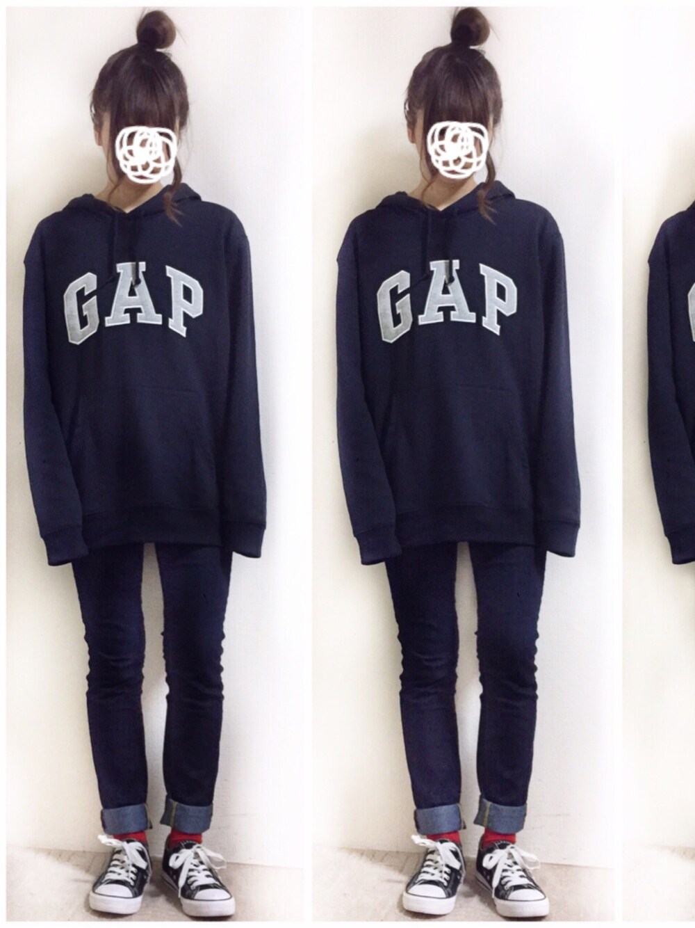 「GAP、パーカー、トレーナー、デニム、ロールアップ、スニーカー、GU、ジーユー、休日スタイル、冬コーデ」｜「GAPのアイテム（パーカー、ブルー系）」を使った、enna_028さん（レディース・158cm）の冬コーディネートの1枚目の写真