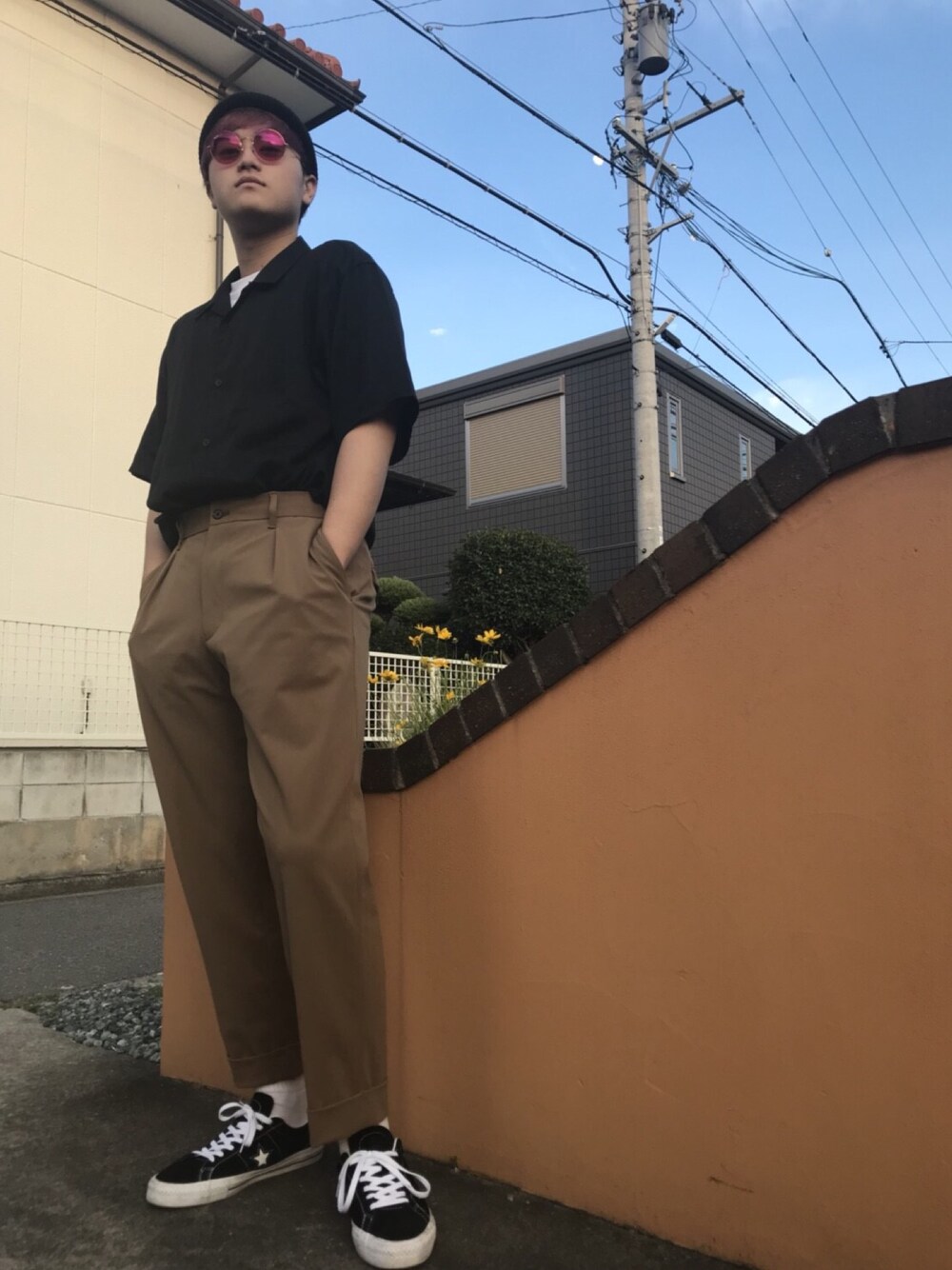 「春コーデ」｜「GUのアイテム（シャツ/ブラウス、ブラック系）」を使った、HIROI)さん（メンズ・178cm）の夏コーディネートの1枚目の写真