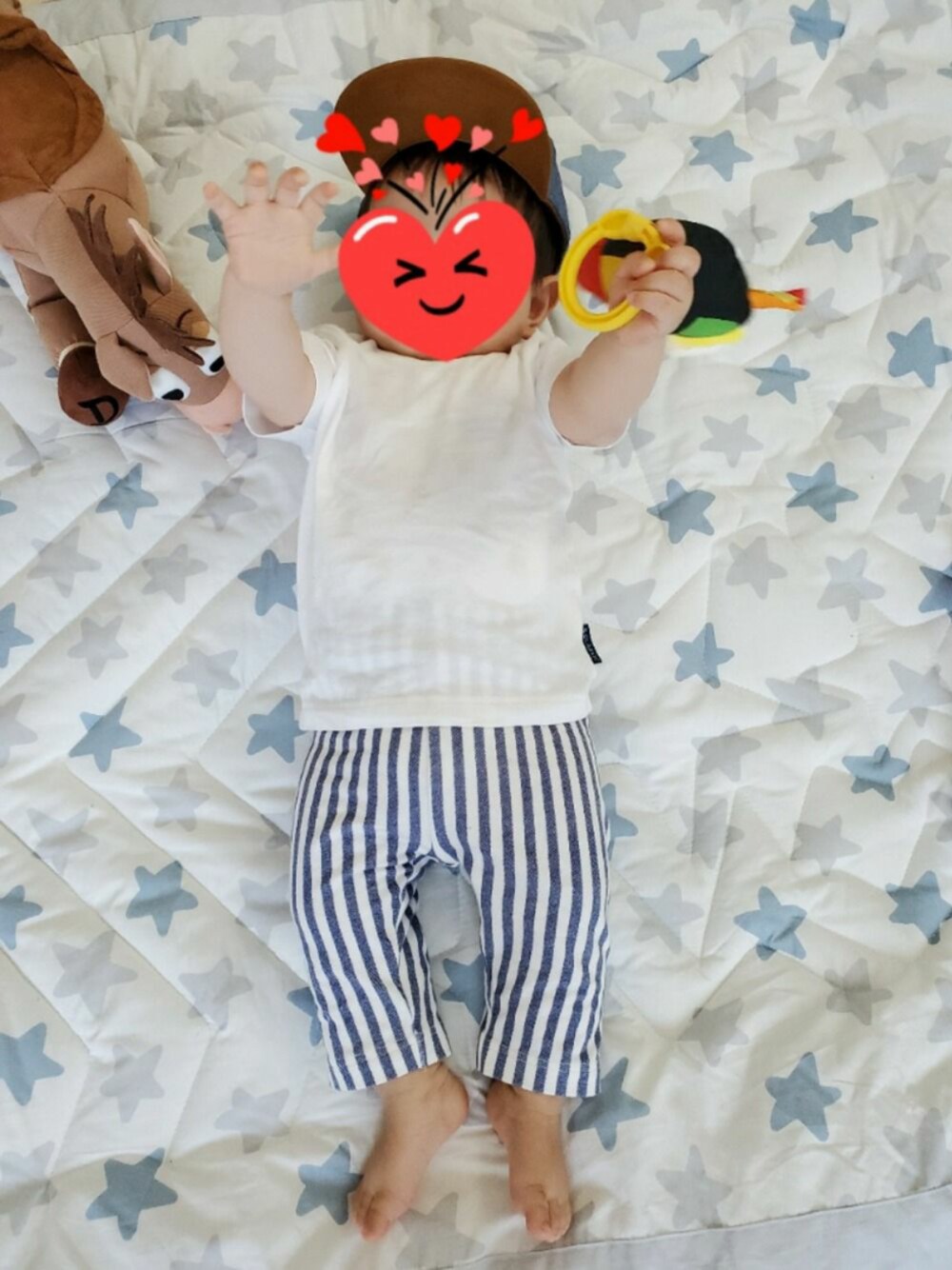 「赤ちゃん、生後８ヶ月、男の子、プチプラ、夏、ストライプ」｜「UNIQLOのアイテム（レギンス/スパッツ、ブルー系）」を使った、(ФωФ)nyanさん（キッズ・80cm）の春コーディネートの1枚目の写真