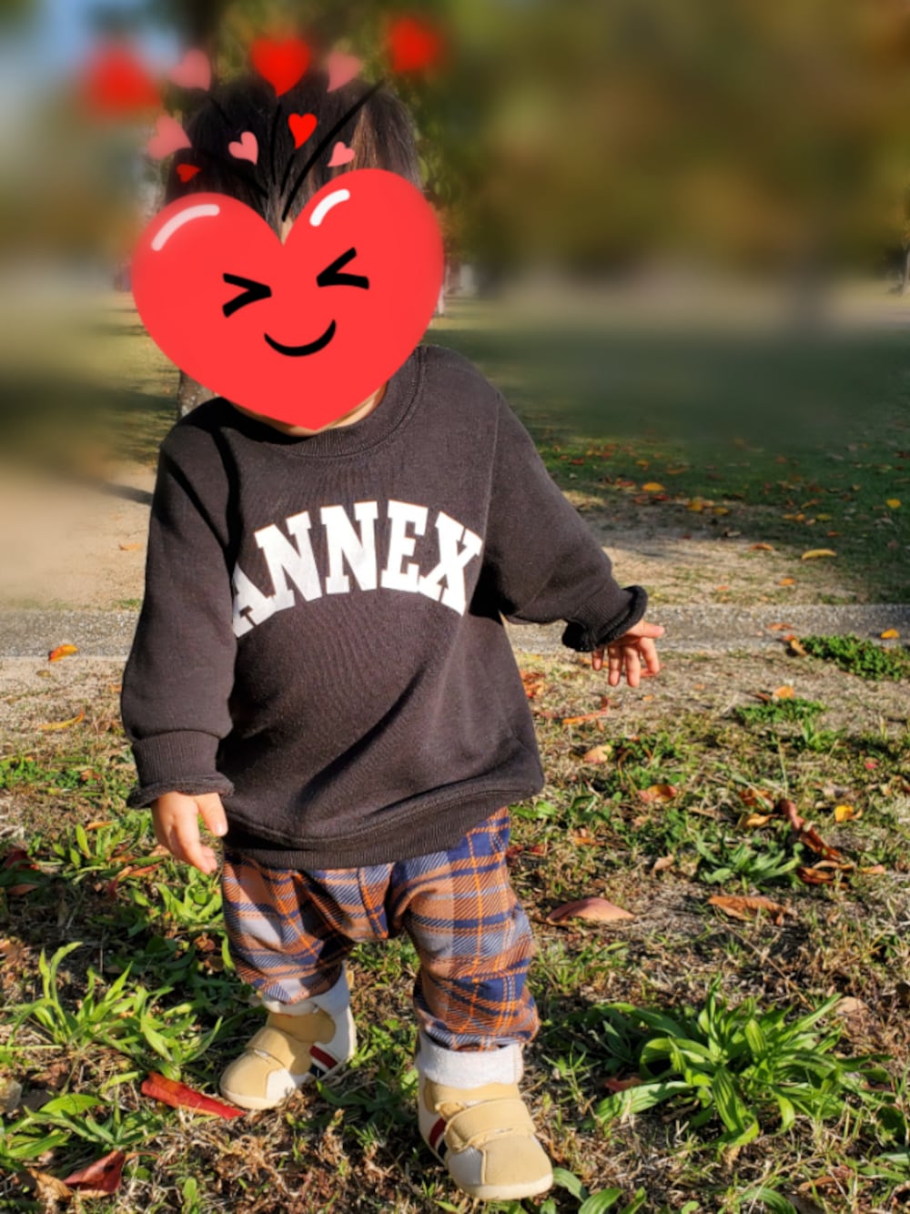 「男の子、チェックパンツ、ブリーズ、1歳1ヶ月、asics」｜「devirockのデビラボ ロゴプリント長袖トレーナー（スウェット、その他）」を使った、(ФωФ)nyanさん（キッズ・80cm）の秋コーディネートの1枚目の写真