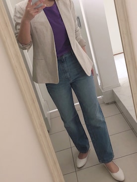 「ストレートデニム」｜「アイテム（ノーカラージャケット）」を使った、C.tiさん（レディース・163cm）の春コーディネート