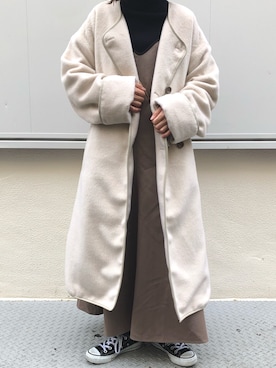 「natural couture（ナチュラルクチュール）のアイテム（ノーカラーコート）」を使った、おまいさん（レディース・152cm）の冬コーディネート