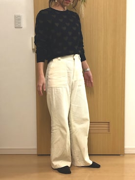 「green label relaxing（グリーンレーベルリラクシング）の◆SC コーデュロイ セミワイド パンツ（その他パンツ、ホワイト系）」を使った、kanonさん（レディース・155cm）の冬コーディネート