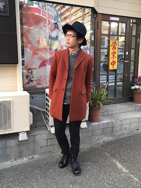 「soe（ソーイ）のアイテム（ステンカラーコート）」を使った、ミフネさん（メンズ・172cm）の冬コーディネート
