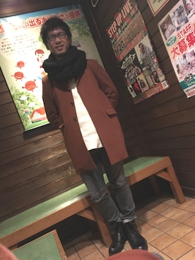 「soe（ソーイ）のアイテム（ステンカラーコート）」を使った、ミフネさん（メンズ・172cm）の冬コーディネート