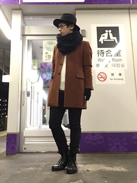 「soe（ソーイ）のアイテム（ステンカラーコート）」を使った、ミフネさん（メンズ・172cm）の冬コーディネート