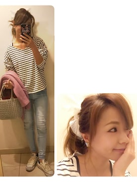 「アイテム（バレッタ/ヘアクリップ、ホワイト系）」を使った、-_-.♡さん（レディース・158cm）の春コーディネート