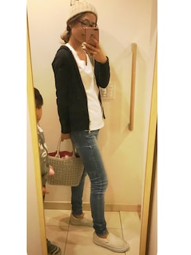 「AZUL by moussy（アズールバイマウジー）のｵｰｶﾞﾆｯｸｺｯﾄﾝVﾈｯｸ半袖PO（Tシャツ/カットソー）」を使った、-_-.♡さん（レディース・158cm）の春コーディネート