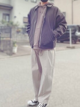 「remer（リメール）のloose long sleeve parker/ルーズロングスリーブパーカー（パーカー、ブラウン系）」を使った、アズキさん（メンズ・172cm）の秋コーディネート