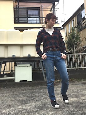 「フランネルシャツ」｜「アイテム（スリッポン）」を使った、FBKさん（レディース・160cm）の冬コーディネート