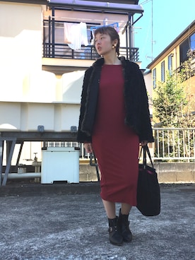 「ワインレッド」｜「アイテム（ノーカラージャケット）」を使った、FBKさん（レディース・160cm）の春コーディネート