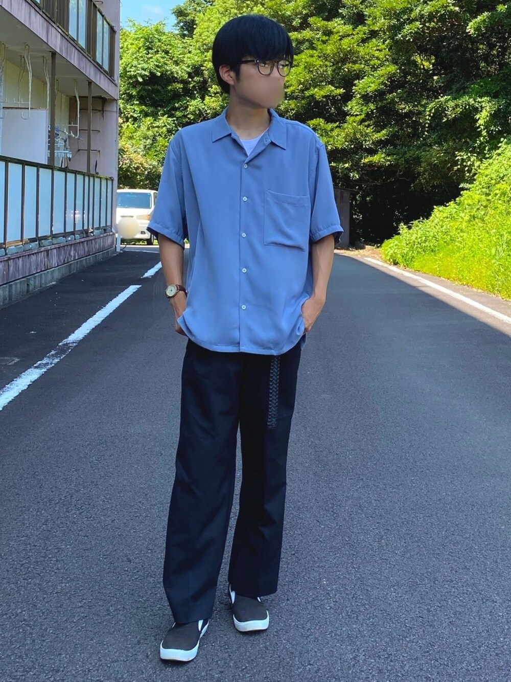 「おしゃれになりたい、自分磨き、niko and ...、SENSE OF PLACE by URBAN RESEAR、Bershka、GU、おしゃれさんと繋がりたい、オープンカラーシャツ、ワイドパンツ、夏コーデ」｜「niko and...のポリエステルオープンカラーシャツ（シャツ/ブラウス、ブルー系）」を使った、コウスケさん（メンズ・168cm）の夏コーディネートの1枚目の写真