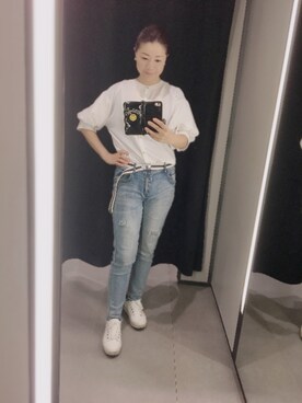 「ZARA（ザラ）のアイテム（デニムパンツ、ブルー系）」を使った、kuri0723さん（レディース・163cm）の夏コーディネート