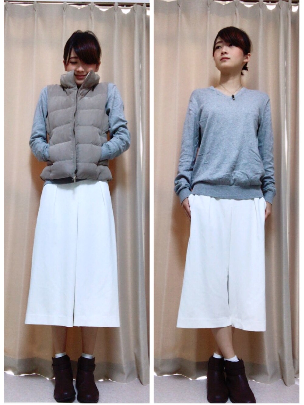 「シンプル、ダウンベスト、UNIQLO、ユニクロ」｜「UNIQLOのWOMEN カシミヤVネックセーター（長袖）（ニット/セーター、グレー系）」を使った、mochanさん（レディース・162cm）の秋コーディネートの1枚目の写真