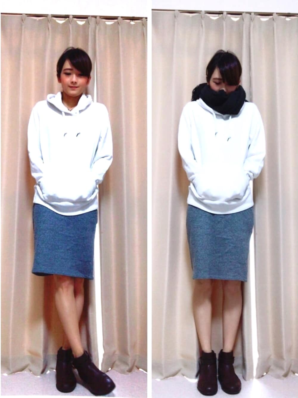 「UNIQLO、ユニクロ、GU、ラクチンコーデ、シンプル、タイトスカート、パーカー」｜「UNIQLOのMEN スウェットプルパーカ（長袖）（パーカー、ホワイト系）」を使った、mochanさん（レディース・162cm）の秋コーディネートの1枚目の写真