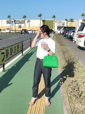 「ボーイフレンドデニム」｜「アイテム（ビーチサンダル）」を使った、KRNさん（レディース・155cm）の夏コーディネート