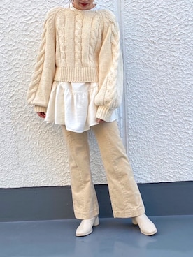 「AS KNOW AS PINKY（アズノゥアズピンキー）のアイテム（ニット/セーター、ホワイト系）」を使った、hinanoさん（レディース・156cm）の秋コーディネート