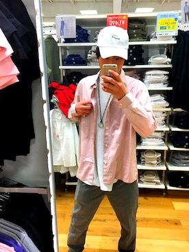 「GU（ジーユー）のアイテム（ポロシャツ、ピンク系）」を使った、野田はるとさん（メンズ）の春コーディネート