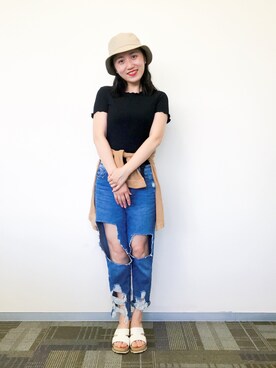 「MUJI Labo（ムジラボ）のアイテム（キャップ）」を使った、肉兔酱さん（レディース・159cm）の夏コーディネート