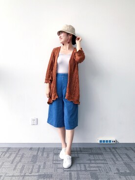 「MUJI Labo（ムジラボ）のアイテム（キャップ）」を使った、肉兔酱さん（レディース・159cm）の夏コーディネート