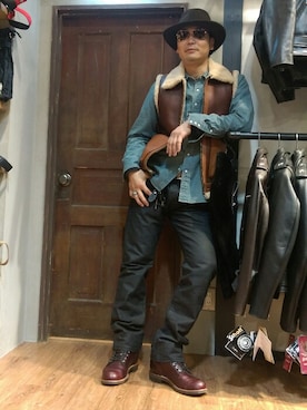 「schott（ショット）のSchott/ショット/13ozJEANS WIDE GLIDE/13オンス　ジーンズ　デニム　ワイド　グライド（デニムパンツ、ブルー系）」を使った、Masao さん（メンズ・179cm）の冬コーディネート