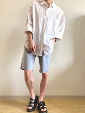 「FREAK'S STORE（フリークスストア）のビッグシルエット タイプライターシャツ（シャツ/ブラウス、ホワイト系）」を使った、idakaさん（メンズ・172cm）の夏コーディネート